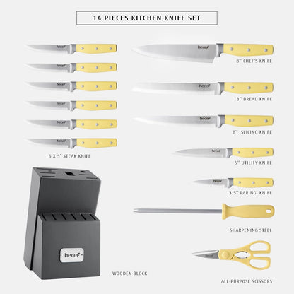 Kitchen Knife Block Set, 14 Pieces Knife Set with Wooden Block & Sharpener Steel & All-purpose Scissors, High Carbon Stainless Steel Cutlery Set (Yellow)