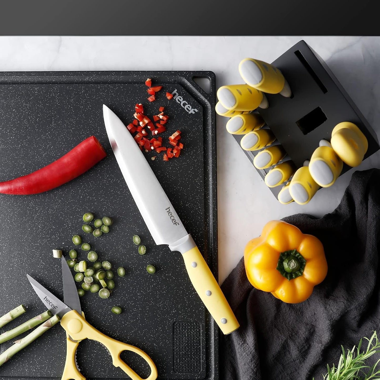 Kitchen Knife Block Set, 14 Pieces Knife Set with Wooden Block & Sharpener Steel & All-purpose Scissors, High Carbon Stainless Steel Cutlery Set (Yellow)
