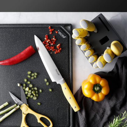 Kitchen Knife Block Set, 14 Pieces Knife Set with Wooden Block & Sharpener Steel & All-purpose Scissors, High Carbon Stainless Steel Cutlery Set (Yellow)
