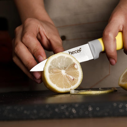 Kitchen Knife Block Set, 14 Pieces Knife Set with Wooden Block & Sharpener Steel & All-purpose Scissors, High Carbon Stainless Steel Cutlery Set (Yellow)