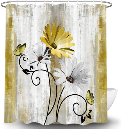 Rustic Farmhouse Shower Curtain, Farm Yellow Daisy Floral Flowers and Butterfly on Country Wooden Shower Curtain for Bathroom, Yellow Bathroom Shower Curtains with 12PCS Hooks, 70X70IN