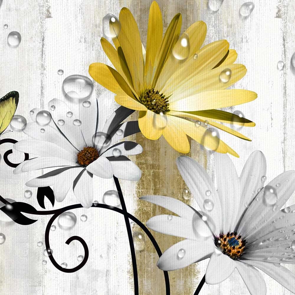 Rustic Farmhouse Shower Curtain, Farm Yellow Daisy Floral Flowers and Butterfly on Country Wooden Shower Curtain for Bathroom, Yellow Bathroom Shower Curtains with 12PCS Hooks, 70X70IN