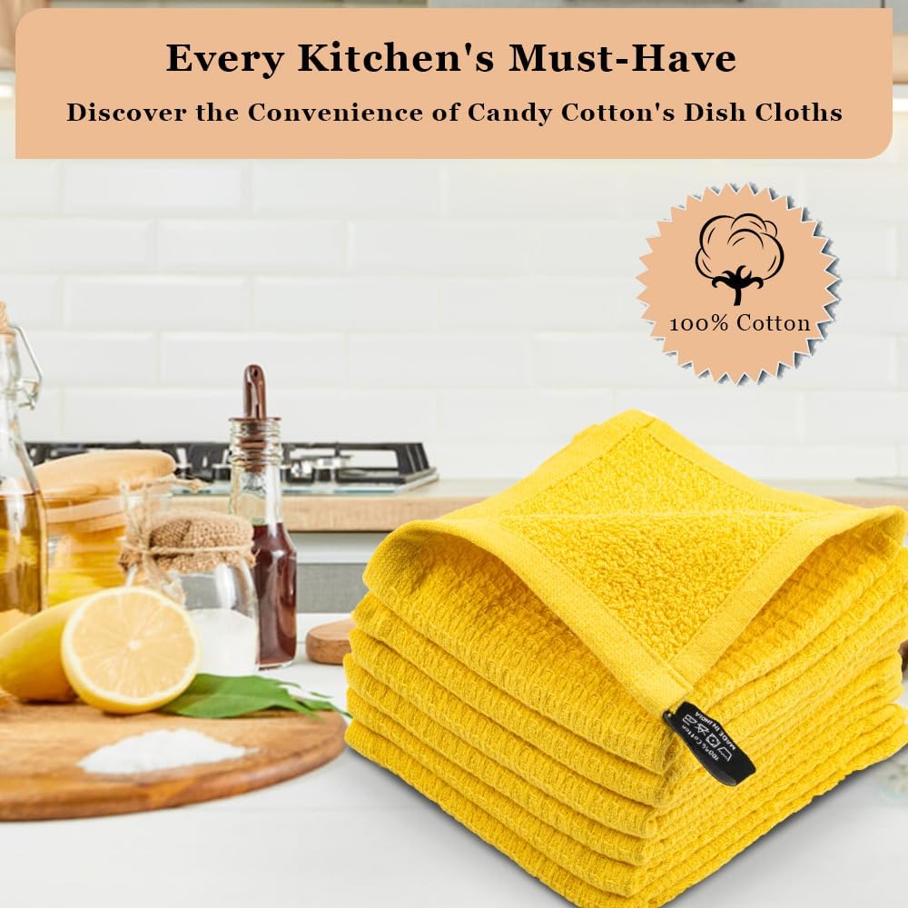DishCloths Kitchen|Waffle Terry Check Weave Hand Towels|Cotton 12x12" Reusable Dish Rags Washing Scrub Cleaning Dishes|Dish Bar Mop Towels Hand Wipes|Spring Easter Basket Decor|6 Pc -Lemon Yellow
