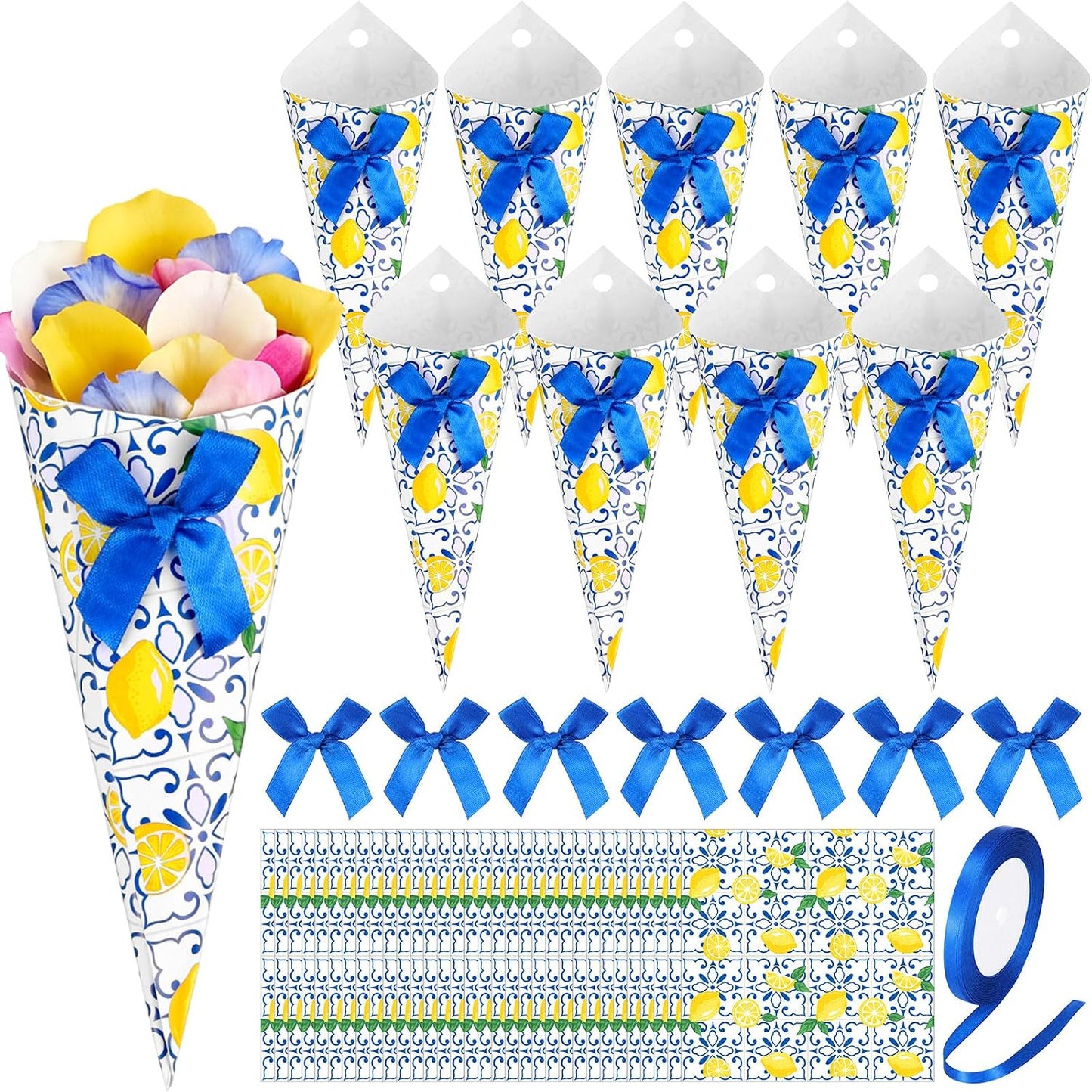 50 Set Wedding Confetti Cones Capri Lemon Cards Pretied Bows Satin Ribbons Paper Petal Toss Cones for Flower Wedding Bridal Shower Party Decorations