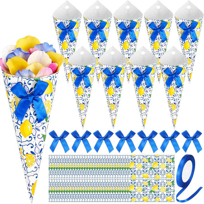 50 Set Wedding Confetti Cones Capri Lemon Cards Pretied Bows Satin Ribbons Paper Petal Toss Cones for Flower Wedding Bridal Shower Party Decorations