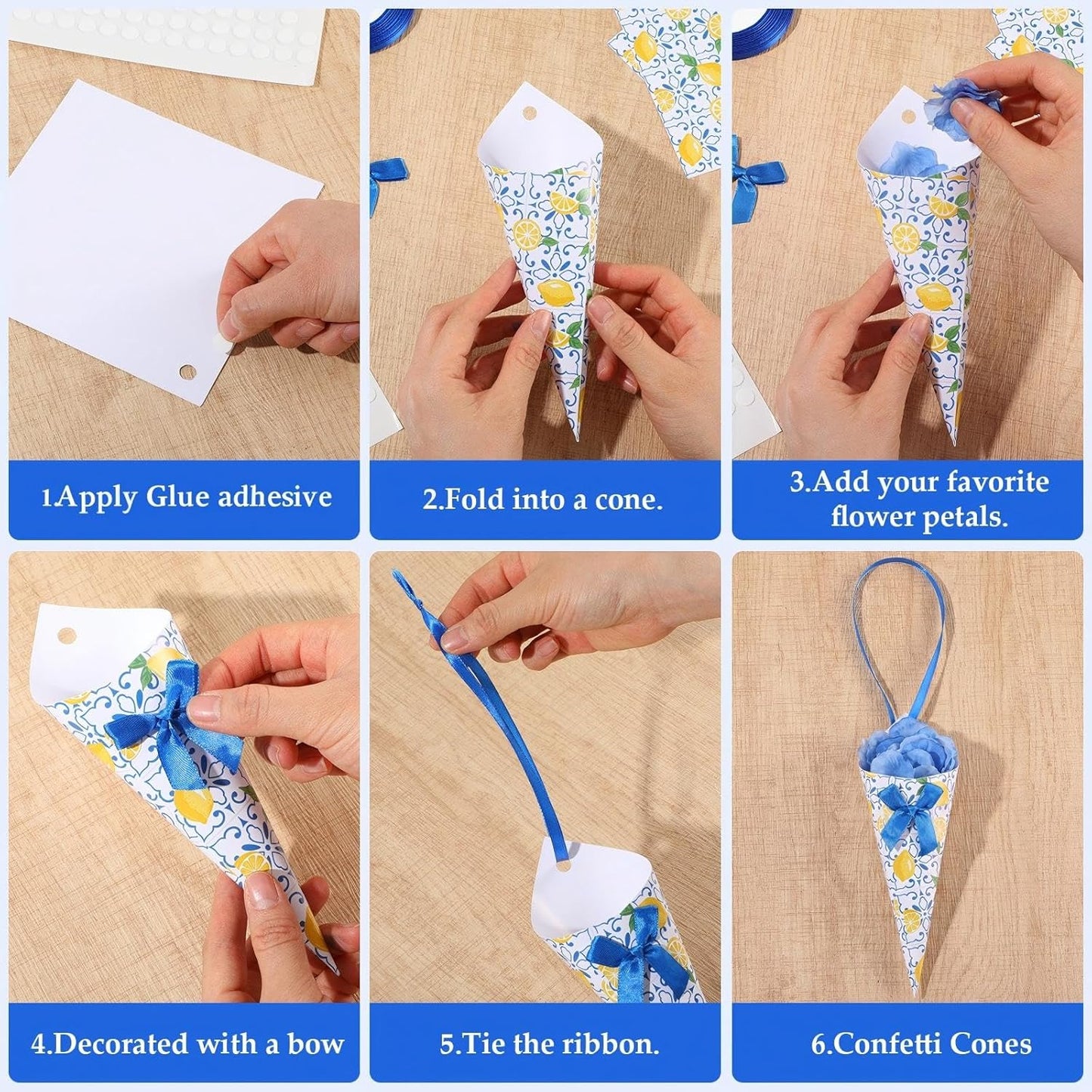 50 Set Wedding Confetti Cones Capri Lemon Cards Pretied Bows Satin Ribbons Paper Petal Toss Cones for Flower Wedding Bridal Shower Party Decorations