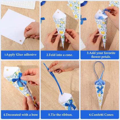 50 Set Wedding Confetti Cones Capri Lemon Cards Pretied Bows Satin Ribbons Paper Petal Toss Cones for Flower Wedding Bridal Shower Party Decorations