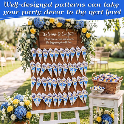 50 Set Wedding Confetti Cones Capri Lemon Cards Pretied Bows Satin Ribbons Paper Petal Toss Cones for Flower Wedding Bridal Shower Party Decorations