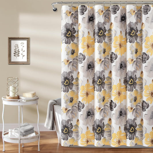 Leah Floral Shower Curtain, 72" W x 72" L, Yellow & Gray - Fabric Shower Curtains - Watercolor Botanical Bathroom Curtain - Farmhouse & French Country Decor