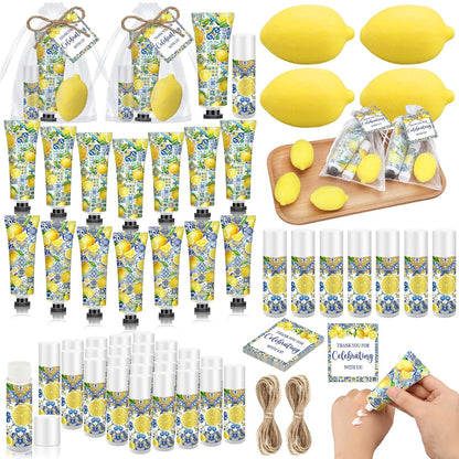 75 Pcs / 25 Sets Capri Lemon Baby Shower Party Favors for Guests Sweet One Italian Lemon Shaped Soaps Bridal Shower Return Gifts Lip Balms Hand Cream for Bridal Wedding Gender Reveal
