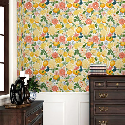 Cute Colorful Fruits Lemon Grapefruit Green Leaf Orange/Red/Yellow Flowers Peel and Stick Wallpaper Stick on Wall Paper Easy Peel Off for nightstand Drawer Cabinet Renter