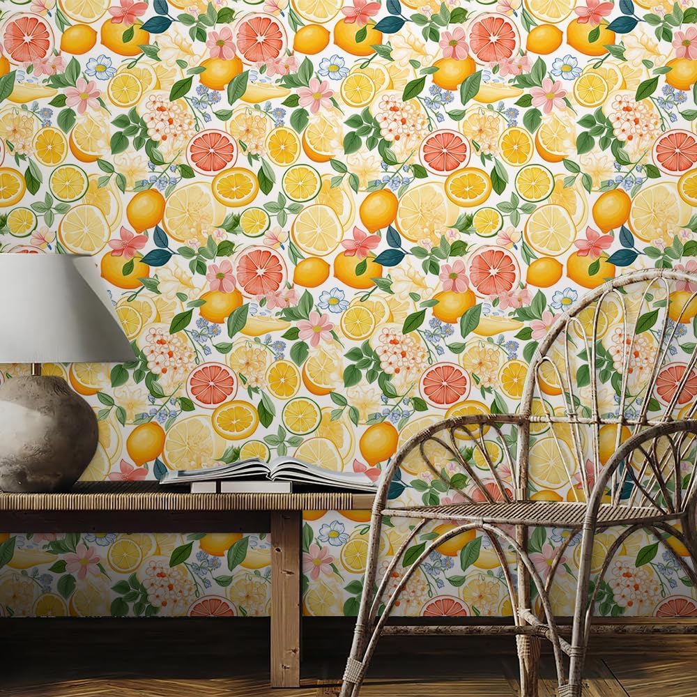 Cute Colorful Fruits Lemon Grapefruit Green Leaf Orange/Red/Yellow Flowers Peel and Stick Wallpaper Stick on Wall Paper Easy Peel Off for nightstand Drawer Cabinet Renter