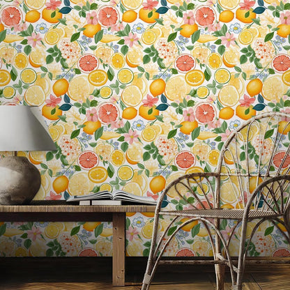 Cute Colorful Fruits Lemon Grapefruit Green Leaf Orange/Red/Yellow Flowers Peel and Stick Wallpaper Stick on Wall Paper Easy Peel Off for nightstand Drawer Cabinet Renter