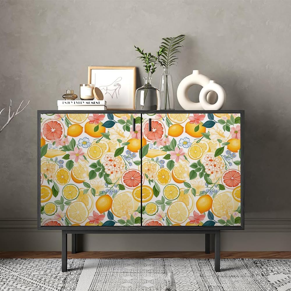 Cute Colorful Fruits Lemon Grapefruit Green Leaf Orange/Red/Yellow Flowers Peel and Stick Wallpaper Stick on Wall Paper Easy Peel Off for nightstand Drawer Cabinet Renter