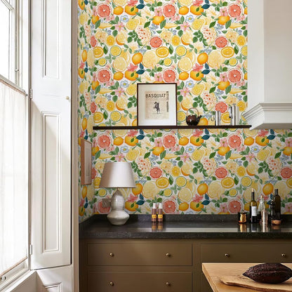 Cute Colorful Fruits Lemon Grapefruit Green Leaf Orange/Red/Yellow Flowers Peel and Stick Wallpaper Stick on Wall Paper Easy Peel Off for nightstand Drawer Cabinet Renter