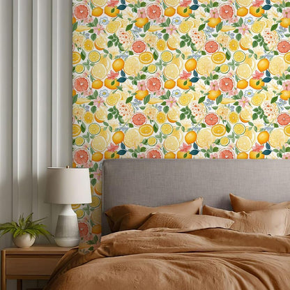 Cute Colorful Fruits Lemon Grapefruit Green Leaf Orange/Red/Yellow Flowers Peel and Stick Wallpaper Stick on Wall Paper Easy Peel Off for nightstand Drawer Cabinet Renter