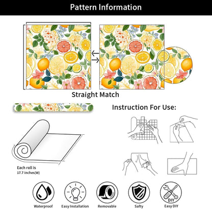Cute Colorful Fruits Lemon Grapefruit Green Leaf Orange/Red/Yellow Flowers Peel and Stick Wallpaper Stick on Wall Paper Easy Peel Off for nightstand Drawer Cabinet Renter