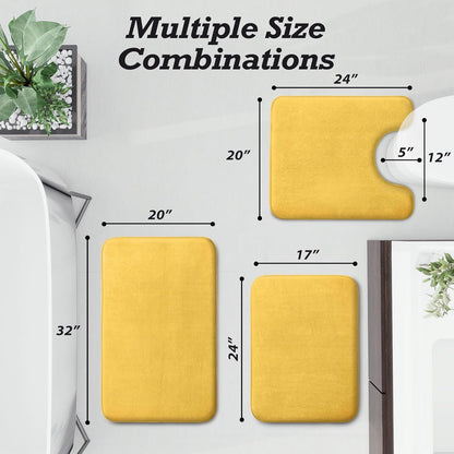 Bathroom Rugs Sets 3 Piece, Non-Slip & Quick Dry Bath Mat Set, Ultra Soft Velvet Bath Rugs for Bathroom, Toilet and Shower Floor, Yellow