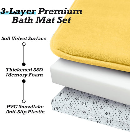 Bathroom Rugs Sets 3 Piece, Non-Slip & Quick Dry Bath Mat Set, Ultra Soft Velvet Bath Rugs for Bathroom, Toilet and Shower Floor, Yellow