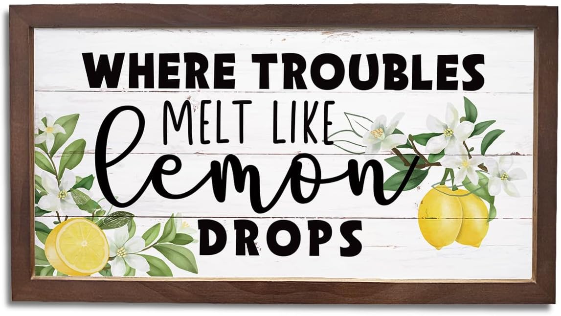 Lemon Decor Sign, Summer Home Decors, Kitchen Wall Art, Decorative Wooden Wall Plaque, Rustic Framed Wood Hanging Signs, Where Troubles Melt Like Lemon Drops Sign 15×7.5×0.3 inches