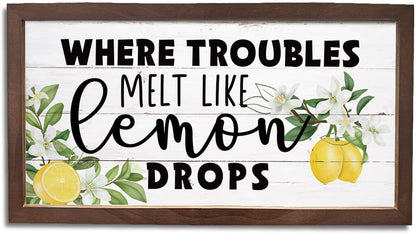 Lemon Decor Sign, Summer Home Decors, Kitchen Wall Art, Decorative Wooden Wall Plaque, Rustic Framed Wood Hanging Signs, Where Troubles Melt Like Lemon Drops Sign 15×7.5×0.3 inches