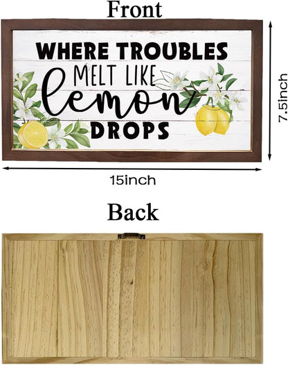 Lemon Decor Sign, Summer Home Decors, Kitchen Wall Art, Decorative Wooden Wall Plaque, Rustic Framed Wood Hanging Signs, Where Troubles Melt Like Lemon Drops Sign 15×7.5×0.3 inches