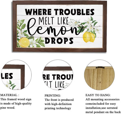 Lemon Decor Sign, Summer Home Decors, Kitchen Wall Art, Decorative Wooden Wall Plaque, Rustic Framed Wood Hanging Signs, Where Troubles Melt Like Lemon Drops Sign 15×7.5×0.3 inches