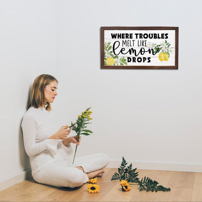 Lemon Decor Sign, Summer Home Decors, Kitchen Wall Art, Decorative Wooden Wall Plaque, Rustic Framed Wood Hanging Signs, Where Troubles Melt Like Lemon Drops Sign 15×7.5×0.3 inches
