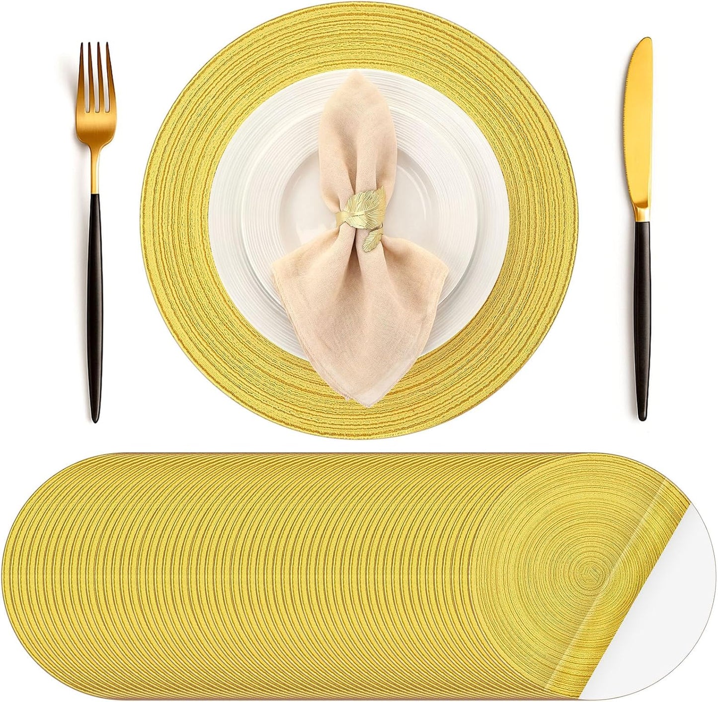 100 Pcs Disposable Paper Placemats Cotton Woven Look 13'' Round Placemats Rustic Disposable Table Pads Bulk for Dining Table Decoration Birthday Wedding Bridal Baby Shower Party (Yellow)