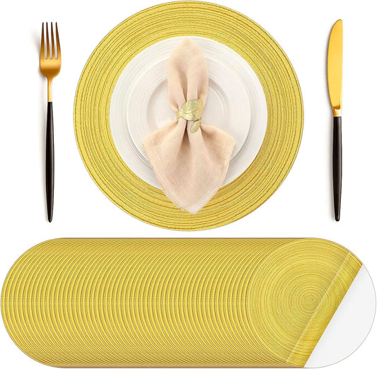 100 Pcs Disposable Paper Placemats Cotton Woven Look 13'' Round Placemats Rustic Disposable Table Pads Bulk for Dining Table Decoration Birthday Wedding Bridal Baby Shower Party (Yellow)
