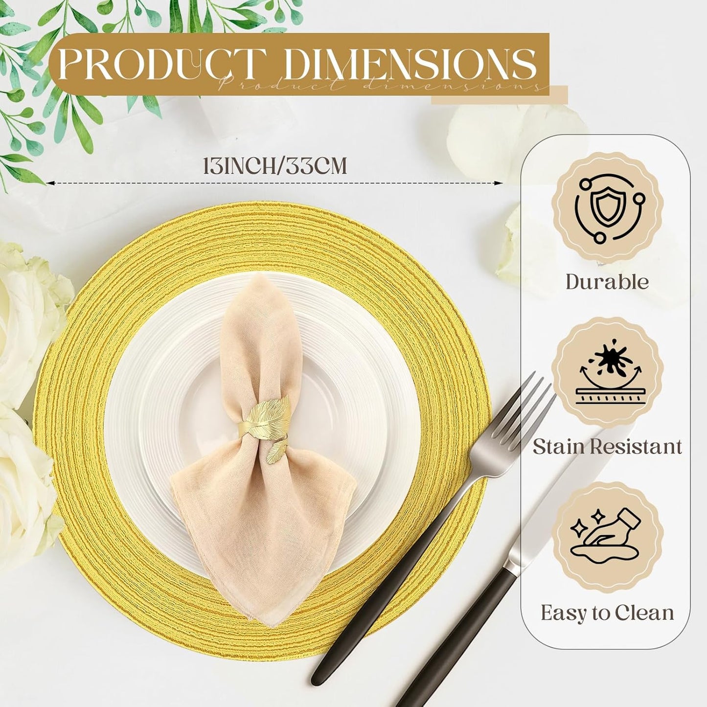 100 Pcs Disposable Paper Placemats Cotton Woven Look 13'' Round Placemats Rustic Disposable Table Pads Bulk for Dining Table Decoration Birthday Wedding Bridal Baby Shower Party (Yellow)