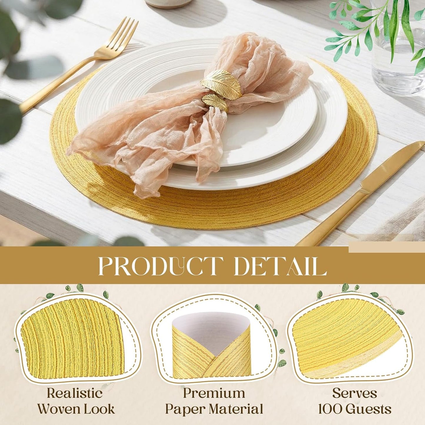 100 Pcs Disposable Paper Placemats Cotton Woven Look 13'' Round Placemats Rustic Disposable Table Pads Bulk for Dining Table Decoration Birthday Wedding Bridal Baby Shower Party (Yellow)