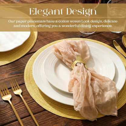 100 Pcs Disposable Paper Placemats Cotton Woven Look 13'' Round Placemats Rustic Disposable Table Pads Bulk for Dining Table Decoration Birthday Wedding Bridal Baby Shower Party (Yellow)