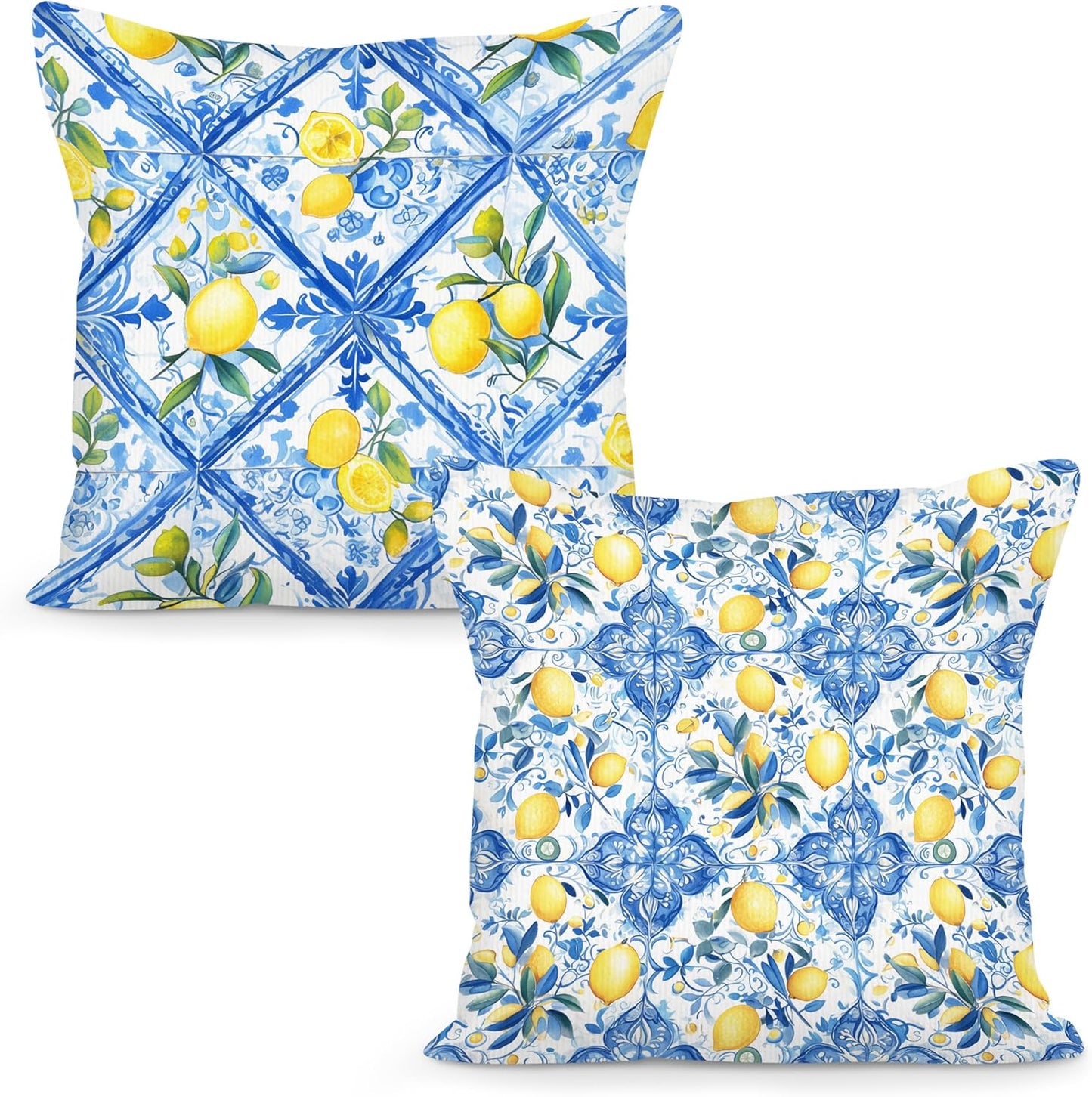 Blue Mediterranean Lemon Throw Pillow Covers 18x18 Set of 2, Blue and Yellow Amalfi Coast Decor Decorative Pillow Cases, Light Blue Sicilian Summer Decor Cushion Cover Pillowcases for Couch