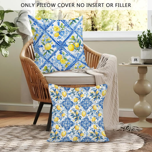 Blue Mediterranean Lemon Throw Pillow Covers 18x18 Set of 2, Blue and Yellow Amalfi Coast Decor Decorative Pillow Cases, Light Blue Sicilian Summer Decor Cushion Cover Pillowcases for Couch