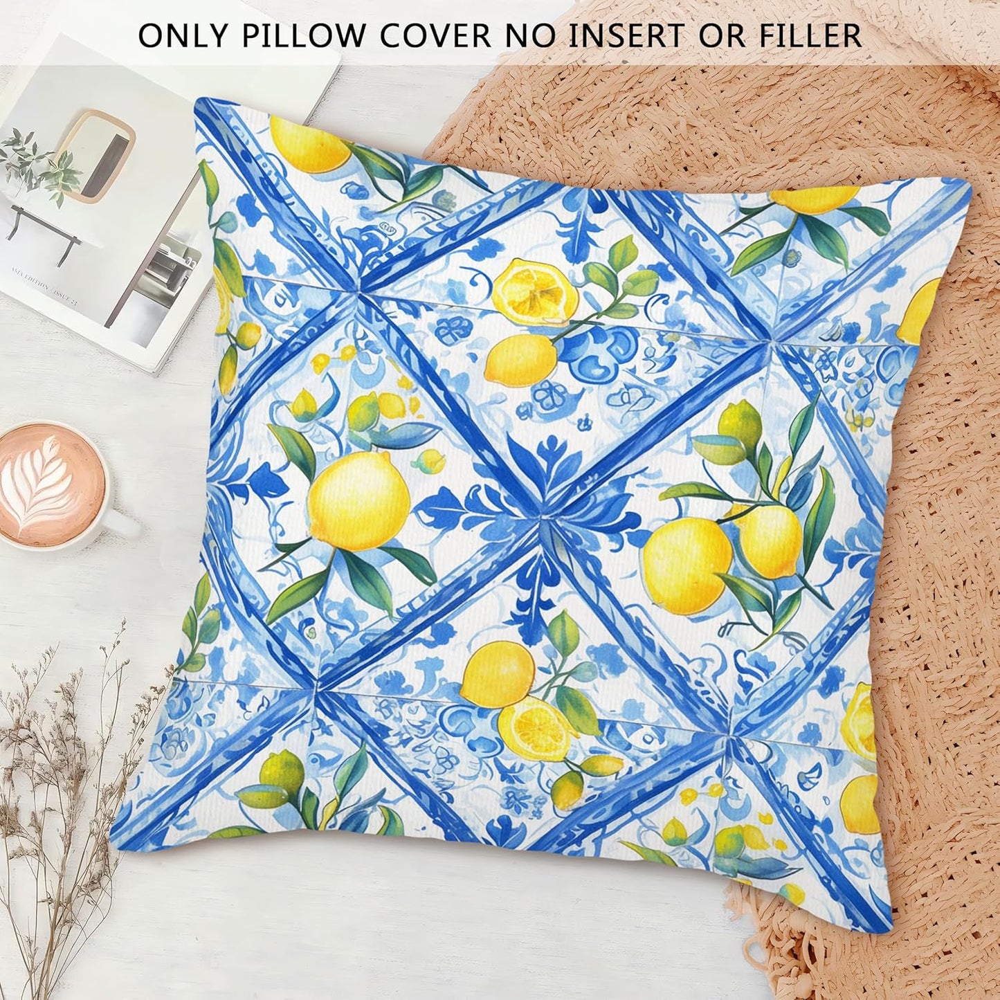 Blue Mediterranean Lemon Throw Pillow Covers 18x18 Set of 2, Blue and Yellow Amalfi Coast Decor Decorative Pillow Cases, Light Blue Sicilian Summer Decor Cushion Cover Pillowcases for Couch