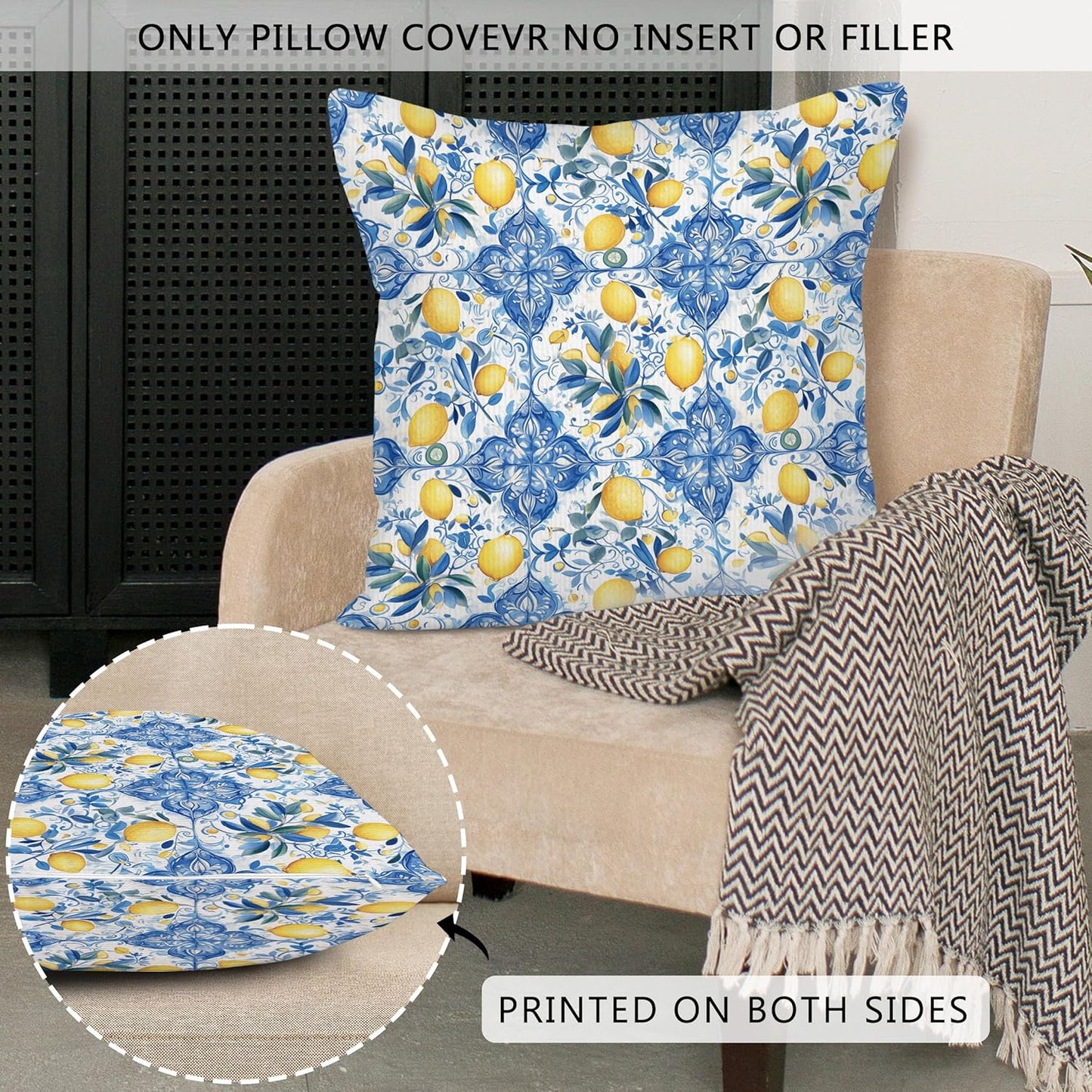 Blue Mediterranean Lemon Throw Pillow Covers 18x18 Set of 2, Blue and Yellow Amalfi Coast Decor Decorative Pillow Cases, Light Blue Sicilian Summer Decor Cushion Cover Pillowcases for Couch