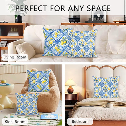 Blue Mediterranean Lemon Throw Pillow Covers 18x18 Set of 2, Blue and Yellow Amalfi Coast Decor Decorative Pillow Cases, Light Blue Sicilian Summer Decor Cushion Cover Pillowcases for Couch