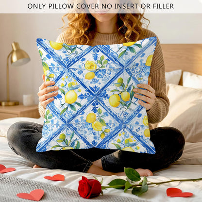 Blue Mediterranean Lemon Throw Pillow Covers 18x18 Set of 2, Blue and Yellow Amalfi Coast Decor Decorative Pillow Cases, Light Blue Sicilian Summer Decor Cushion Cover Pillowcases for Couch