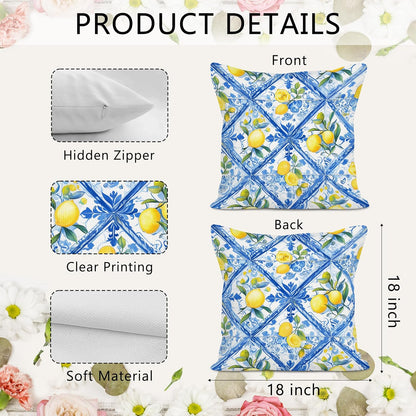 Blue Mediterranean Lemon Throw Pillow Covers 18x18 Set of 2, Blue and Yellow Amalfi Coast Decor Decorative Pillow Cases, Light Blue Sicilian Summer Decor Cushion Cover Pillowcases for Couch
