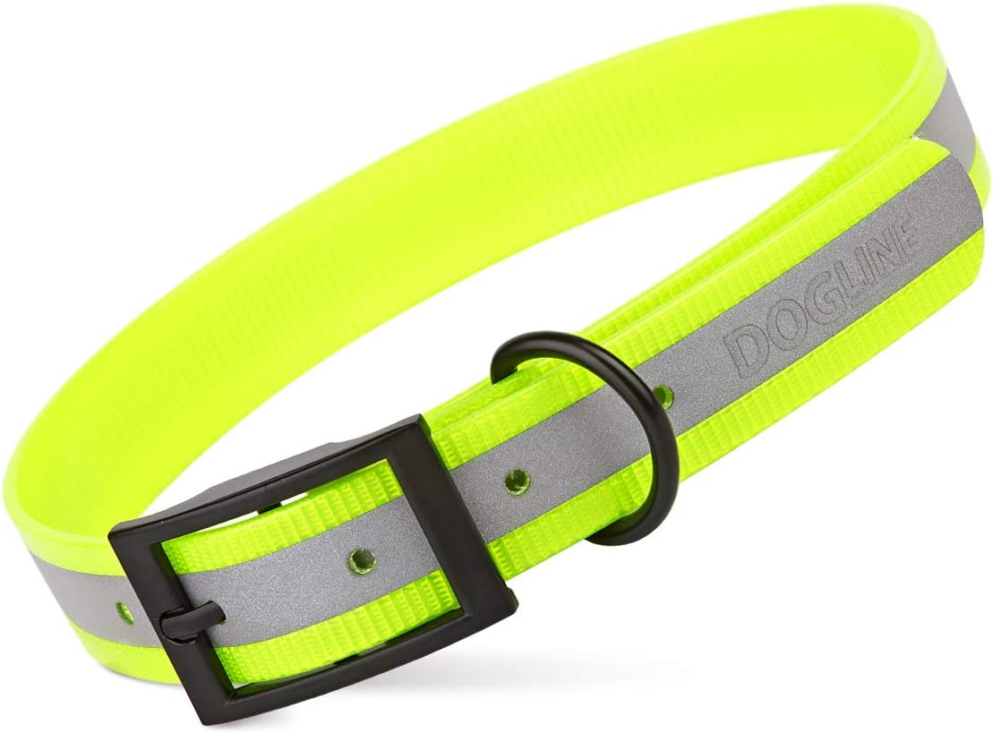 Biothane Translucent Reflective Waterproof Dog Collar Strong Coated Nylon Webbing with Black Hardware Odor- Proof for Easy Care Clean Fits Small Medium or Large Dogs - Yellow 3/4"W x 15"-18" L