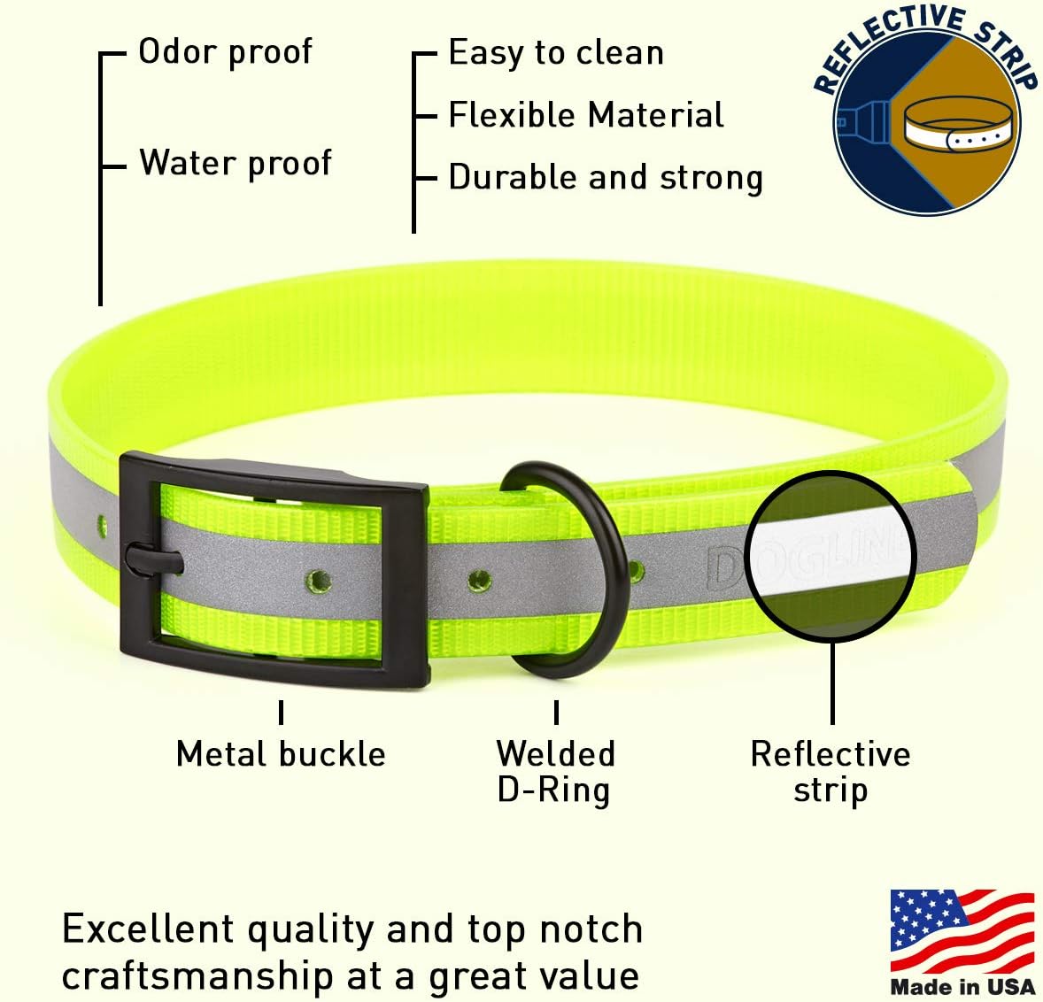 Biothane Translucent Reflective Waterproof Dog Collar Strong Coated Nylon Webbing with Black Hardware Odor- Proof for Easy Care Clean Fits Small Medium or Large Dogs - Yellow 3/4"W x 15"-18" L