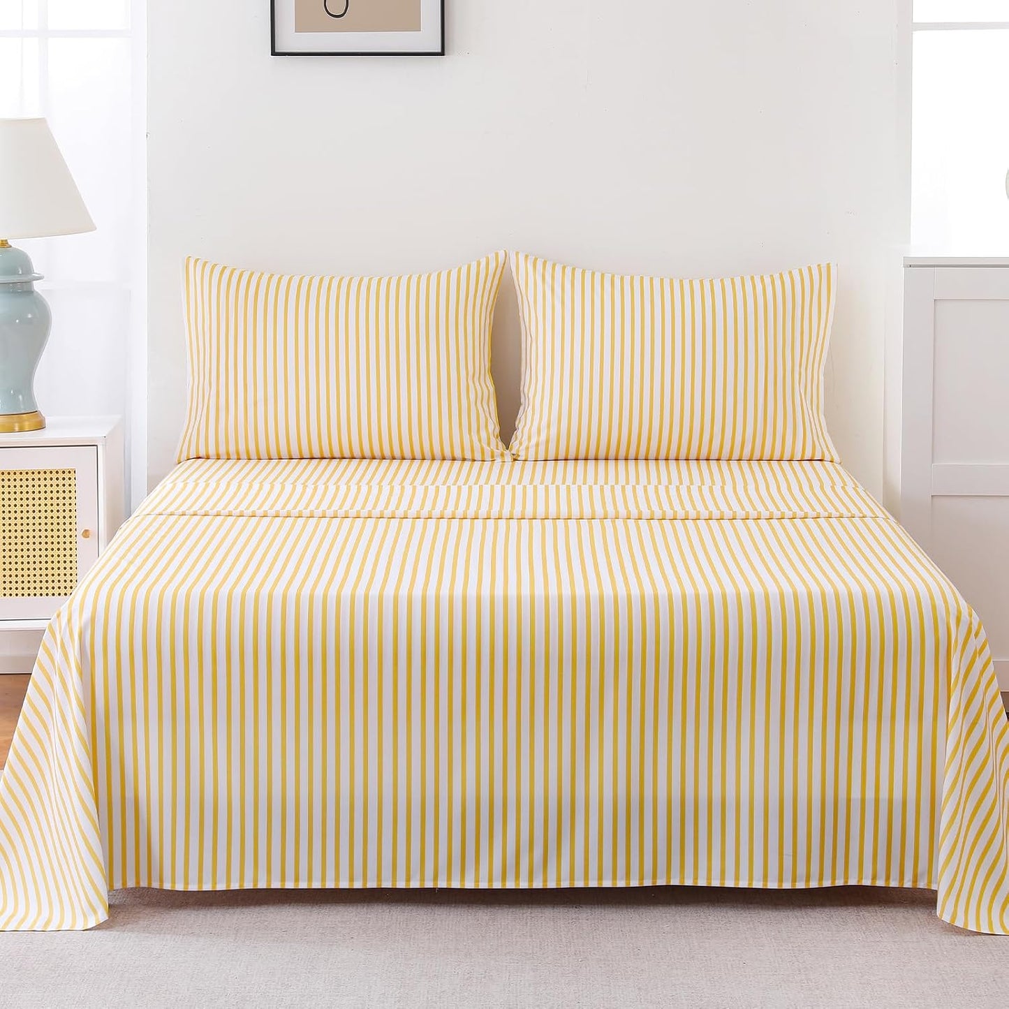 4Pieces Striped Sheets Set, Breathable Queen Sheet Set with 16" Deep Pocket,Modern & Luxury, Brushed Microfiber Bedding Set(Queen, Yellow)