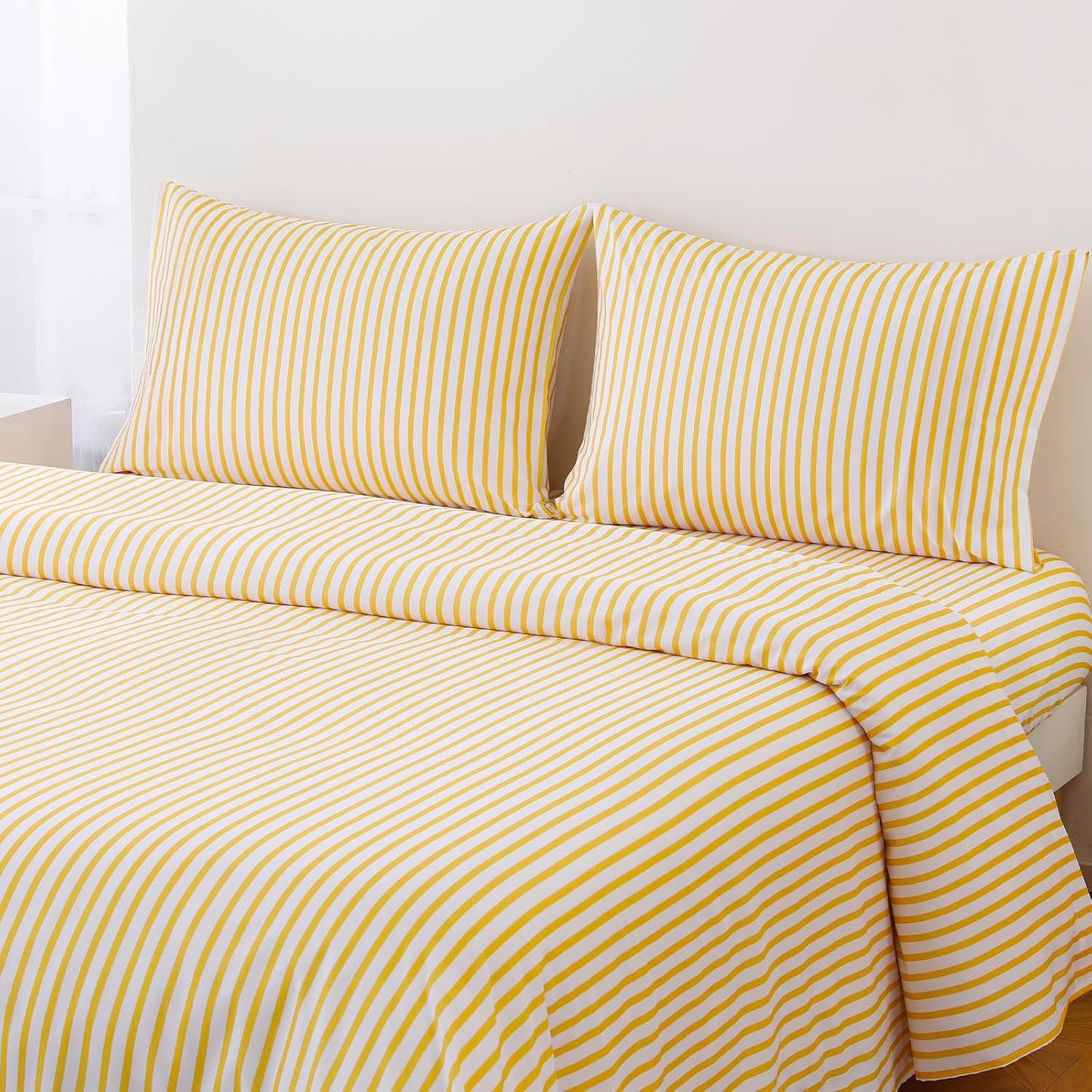 4Pieces Striped Sheets Set, Breathable Queen Sheet Set with 16" Deep Pocket,Modern & Luxury, Brushed Microfiber Bedding Set(Queen, Yellow)