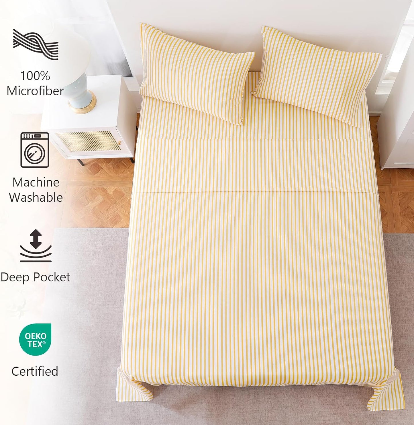 4Pieces Striped Sheets Set, Breathable Queen Sheet Set with 16" Deep Pocket,Modern & Luxury, Brushed Microfiber Bedding Set(Queen, Yellow)