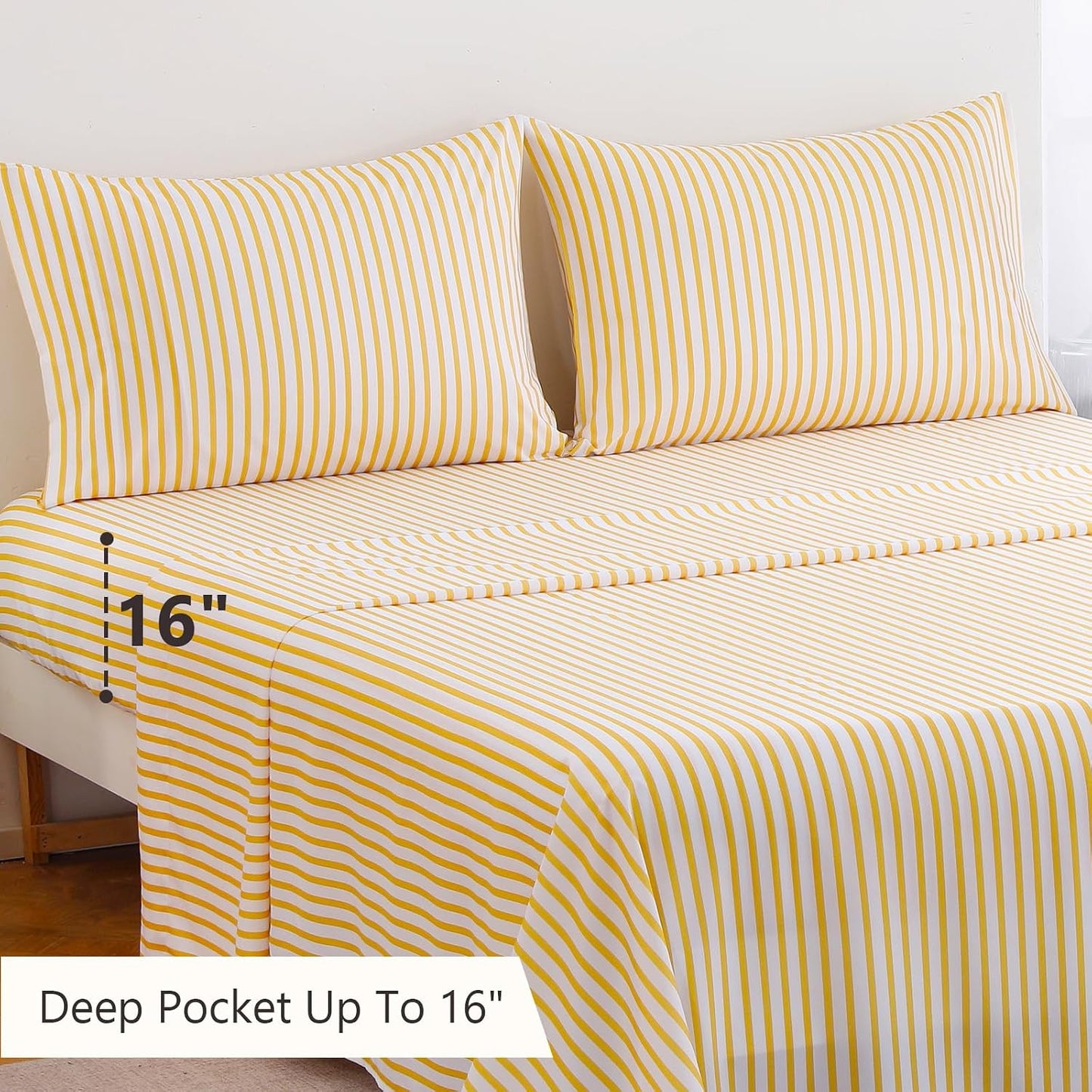4Pieces Striped Sheets Set, Breathable Queen Sheet Set with 16" Deep Pocket,Modern & Luxury, Brushed Microfiber Bedding Set(Queen, Yellow)