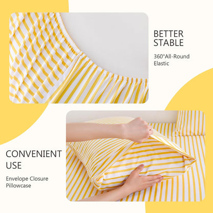 4Pieces Striped Sheets Set, Breathable Queen Sheet Set with 16" Deep Pocket,Modern & Luxury, Brushed Microfiber Bedding Set(Queen, Yellow)