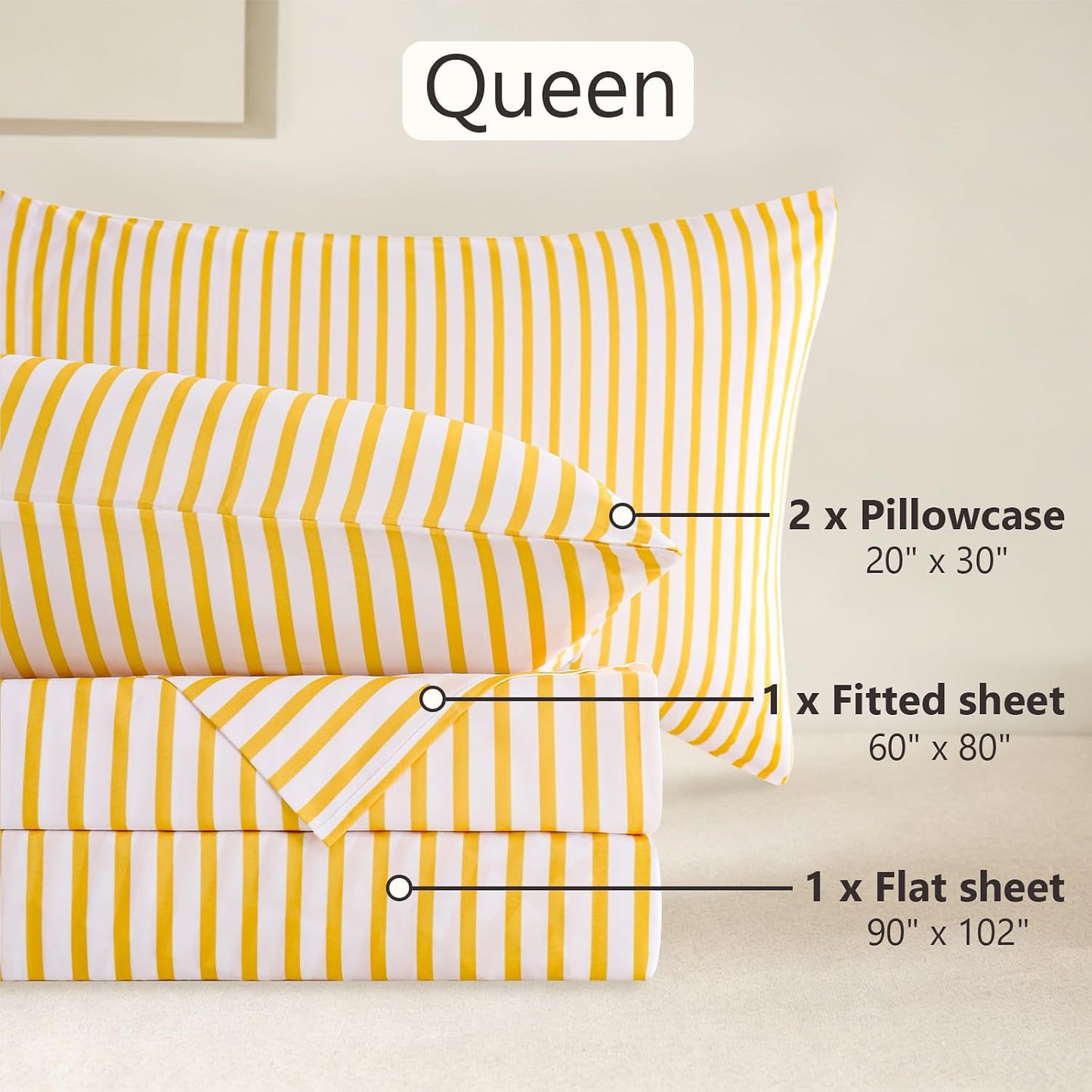 4Pieces Striped Sheets Set, Breathable Queen Sheet Set with 16" Deep Pocket,Modern & Luxury, Brushed Microfiber Bedding Set(Queen, Yellow)