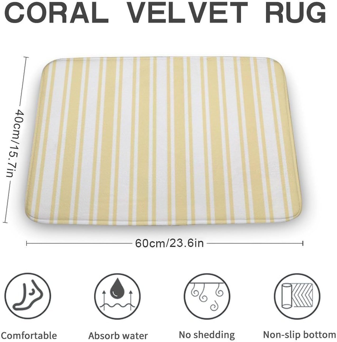Pale Yellow and White Candy Stripes Bathroom Rugs, Non Slip & Absorbent Bath Mat Carpets for Bathroom, Entryway or Sink 16" x 24"