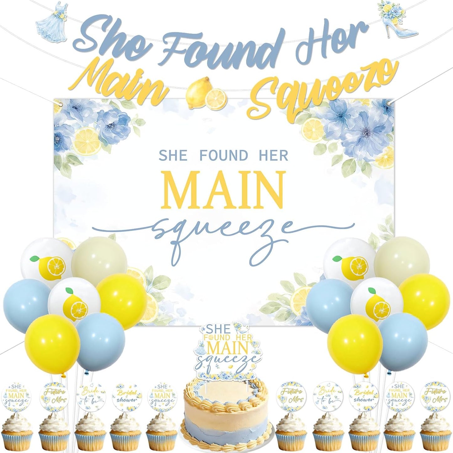 Lemon Bridal Shower Decorations She Found Her Main Squeeze Backdrop Banner Lemon Floral Cake Cupcake Toppers Royal Blue Yellow Balloons for Women Wedding Anniversary Bachelorette Party Supplies